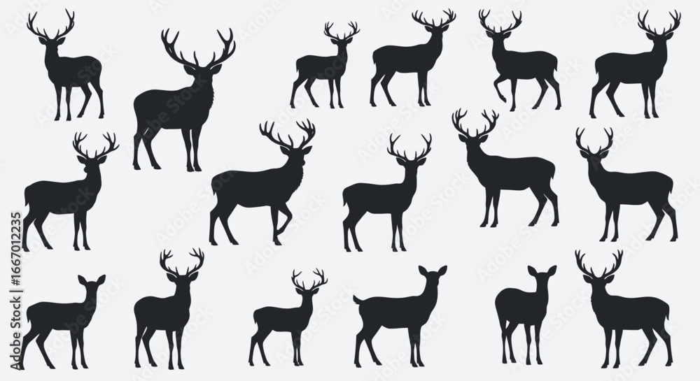 Fototapeta premium Elegant deer silhouettes showcasing graceful poses and majestic antlers for nature or wildlife designs