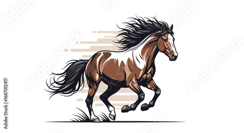 Dynamic brown horse with flowing mane gallops powerfully, conveying speed and freedom