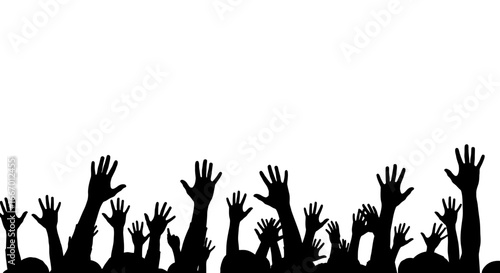 Excited crowd raising hands in celebration and unity, capturing energetic moments of shared joy and support.