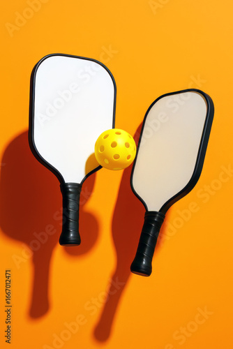 Modern pickleball paddles with black grip handles and bright yellow perforated ball casting shadows on vibrant orange background for trendy sports design and athletic lifestyle concept
