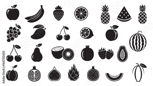 Food fruits glyph icon set. Vector pictograms of banana, strawberry, pineapple, watermelon, grapes, mango, blueberries, peach, cherry, lemon, avocado, pear, kiwi, black sign silhouette illustration.