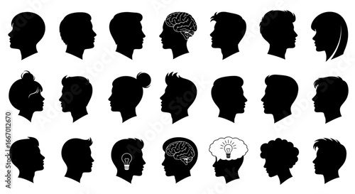 Diverse human head silhouettes showcasing thoughts, ideas, and individuality in profile views.