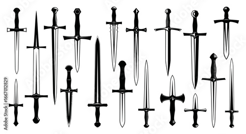 Collection of classic swords and daggers showcasing historical weapon designs in sharp silhouette