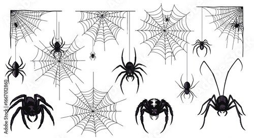 Spooky spiders and intricate webs create a chilling Halloween scene perfect for festive decorations and frightful designs