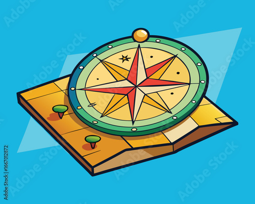 Vector art of a colorful compass rose placed on a folded map, indicating directions and symbolizing navigation, travel, and exploration