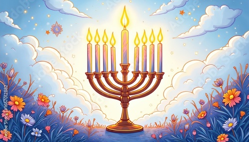Festive illustration of glowing Hanukkah menorah with nine candles lit, set against dreamy sky with clouds, stars. Colorful flowers, foliage frame scene, suggesting joyful celebration of Jewish
