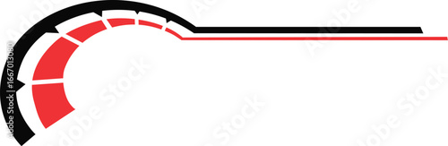 Abstract graphic featuring a semi-circular gauge with red and black elements extending horizontally.