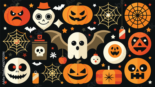Collection of halloween themed graphic elements and icons