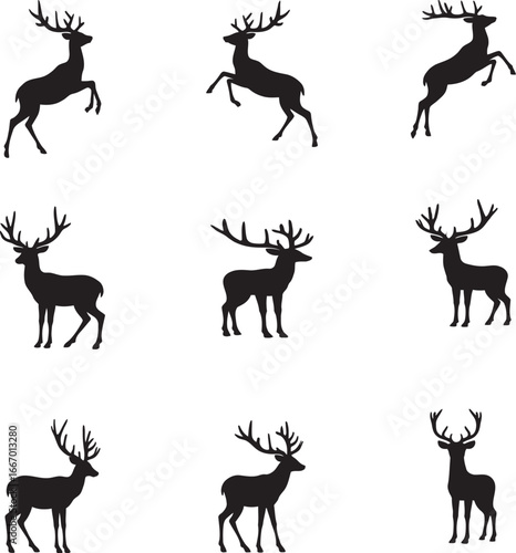 Creative vector illustration of deer silhouette set with detailed antlers. Includes multiple standing and jumping deer poses, perfect for wildlife, nature, hunting, forest, and outdoor themed designs.