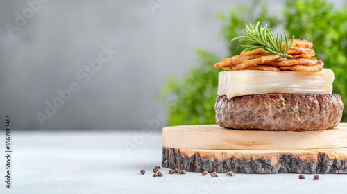Gourmet dish featuring grilled beefcake with bone marrow and crispy garnish for culinary design
