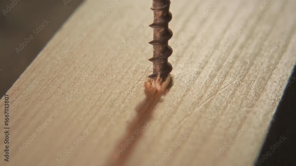 Close up view of screw being inserted into smooth wooden plank using ...