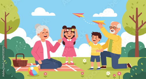 Adobe illustrator artwork vector illustration of a happy family, grandparents and grandchildren enjoying a picnic at the park, with the children flying a paper plane