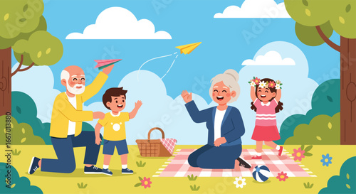 Adobe illustrator artwork vector illustration of a happy family, grandparents and grandchildren enjoying a picnic at the park, with the children flying a paper plane
