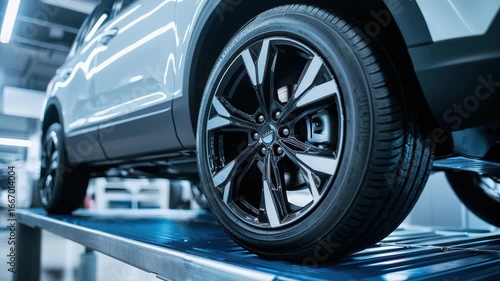 Closeup of a shiny new car tire and alloy wheel on a lift in a modern auto repair service garage 4k video