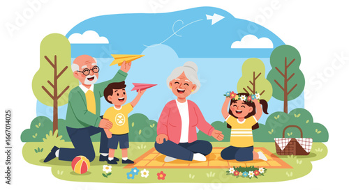 Adobe illustrator artwork vector illustration of a happy family, grandparents and grandchildren enjoying a picnic at the park, with the children flying a paper plane