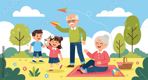 Adobe illustrator artwork vector illustration of a happy family, grandparents and grandchildren enjoying a picnic at the park, with the children flying a paper plane