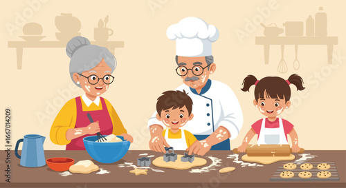 Adobe illustrator artwork vector illustration: Happy grandparents wearing chef hats bake cookies with their grandchildren in a cozy kitchen, filled with love and floury fun. Vector illustration