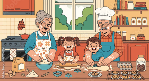 Adobe illustrator artwork vector illustration: Happy grandparents wearing chef hats bake cookies with their grandchildren in a cozy kitchen, filled with love and floury fun. Vector illustration