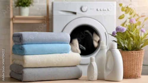 Neatly folded towels in various colors sit beside laundry detergents. A washing machine is visible in the background, ready to clean clothes. This setup highlights an organized laundry space.