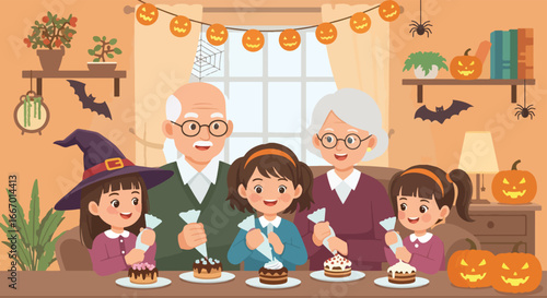 Adobe illustrator artwork vector illustration: Grandparents and grandchildren happily decorating cupcakes with frosting and sprinkles during Halloween, surrounded by festive decorations at home