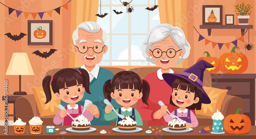 Adobe illustrator artwork vector illustration: Grandparents and grandchildren happily decorating cupcakes with frosting and sprinkles during Halloween, surrounded by festive decorations at home