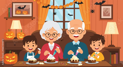 Adobe illustrator artwork vector illustration: Grandparents and grandchildren happily decorating cupcakes with frosting and sprinkles during Halloween, surrounded by festive decorations at home