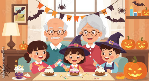 Adobe illustrator artwork vector illustration: Grandparents and grandchildren happily decorating cupcakes with frosting and sprinkles during Halloween, surrounded by festive decorations at home