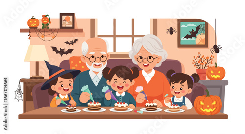 Adobe illustrator artwork vector illustration: Grandparents and grandchildren happily decorating cupcakes with frosting and sprinkles during Halloween, surrounded by festive decorations at home