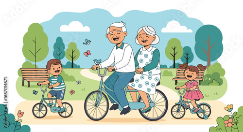 Adobe illustrator artwork vector illustration: Happy grandparents and grandchildren enjoy a delightful family bike ride in the park on a sunny day