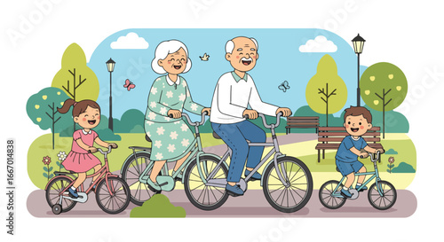 Adobe illustrator artwork vector illustration: Happy grandparents and grandchildren enjoy a delightful family bike ride in the park on a sunny day