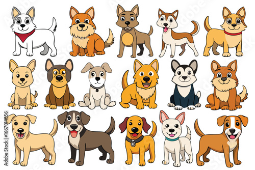 Vector art of a delightful group of cartoon dogs and puppies showcasing various breeds and poses, isolated on a, perfect for animal enthusiasts