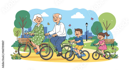 Adobe illustrator artwork vector illustration: Happy grandparents and grandchildren enjoy a delightful family bike ride in the park on a sunny day