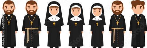 Cartoon Vector Illustration of Priests and Nuns in Religious Attire with Gold Crosses Standing in Row on White Background