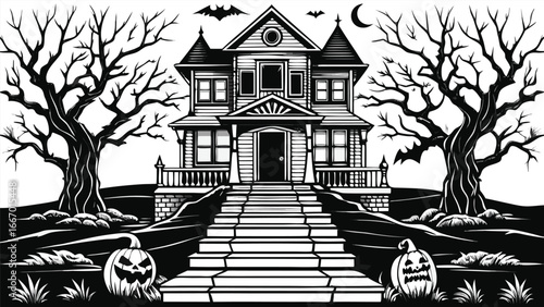 Monochromatic spooky line art illustration featuring a haunting silhouette with detailed textures and gothic elements