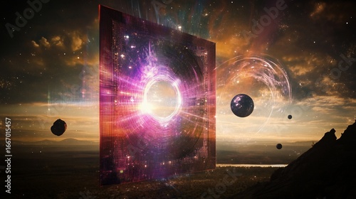 Mystical portal with cosmic energy and celestial spheres opens onto remote terrain