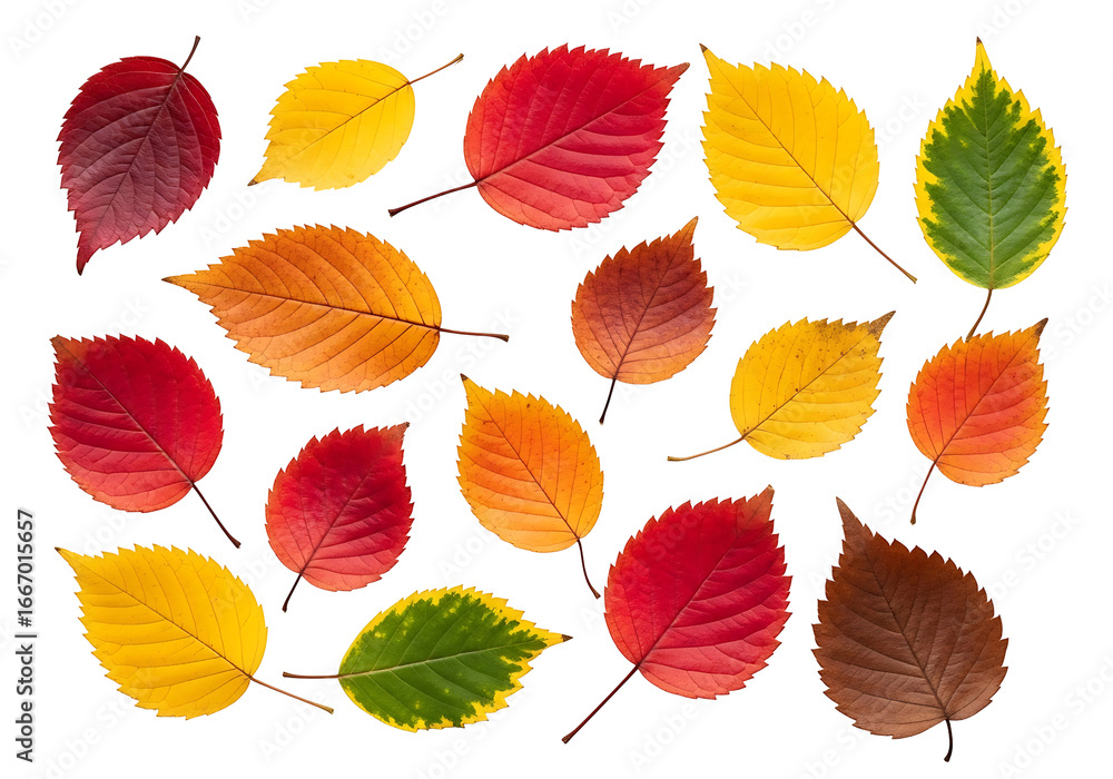 Obraz premium Vibrant autumn leaves in a variety of colors against a stark black background form a captivating pattern.