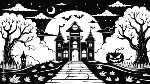 Spooky black and white line art illustration featuring a mysterious and eerie design element perfect for halloween themes
