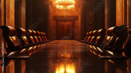 Grand conference room, empty meeting table, historical building, chandelier in the background, business meeting