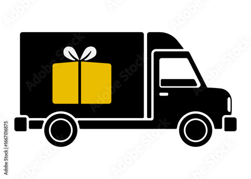 Black delivery truck icon with yellow gift box in cargo area.