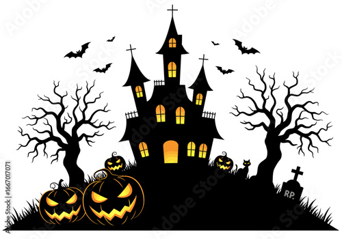 Spooky Haunted Castle with Pumpkins and Bats – Halloween Night Silhouette Art