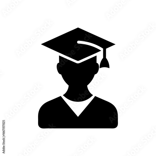 Silhouette of male graduate in cap and gown university education student icon with white background