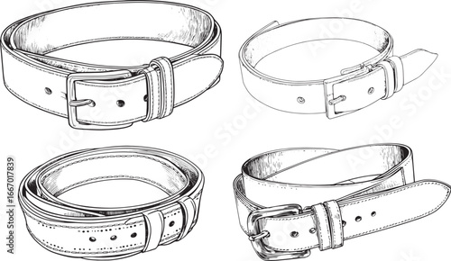Black and white coloring book illustration of an open leather belt, simple line art style with no shading on a solid white background.eps