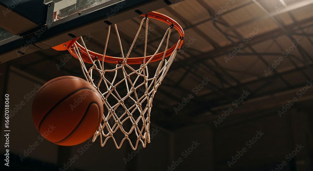 Fototapeta premium Basketball ball about to go through the hoop in a dimly lit indoor court.