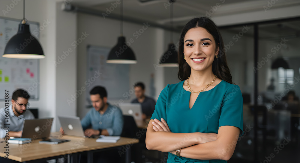 Obraz premium Confident businesswoman smiling in modern office team collaboration success startup company portrait professional career employee leadership management