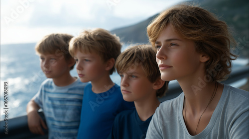 a coastal cliff road with ocean views, cluttered with guardrails, soft natural light reflecting off water, a family with diverse faces in a car, natural poses as they admire, detai