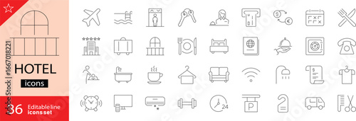 Hotel Editable Line Icons Set. Includes icons for room service, swimming pool, luggage, bed, gym, parking, and Wi-Fi. Perfect for travel, and hotel booking related infographic use. Editable stroke. 