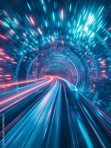 Futuristic hyperspace tunnel glowing neon light trails digital vortex sci-fi

