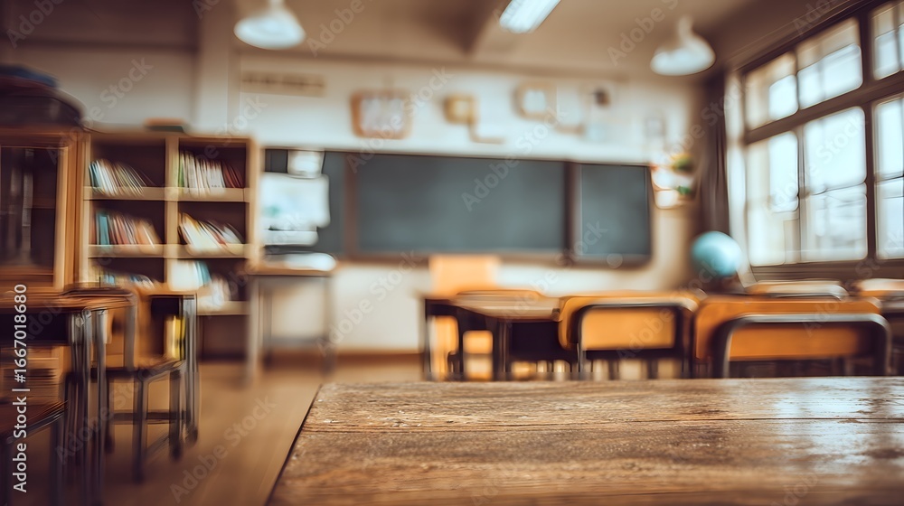 Fototapeta premium Blurred background view of an empty classroom interior symbolizing learning, education, and back-to-school season atmosphere