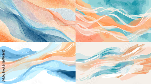 Soft abstract wave illustration in pastel blue, peach, and cream tones with smooth watercolor brushstrokes, ideal for creative backgrounds and artistic designs.