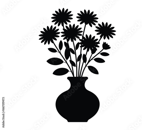 Daisy flower bunch silhouette in a vase isolated black and white vector illustration